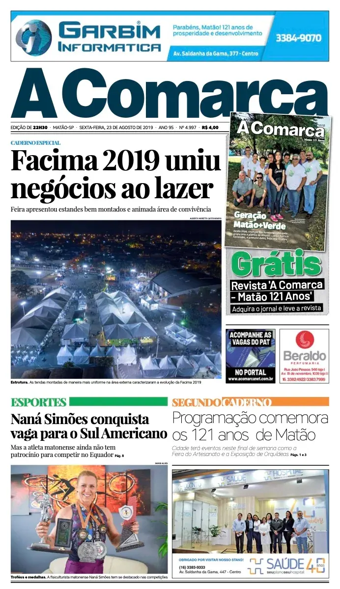 Primeira página da edição 4997 de A Comarca, 23 de agosto de 2019