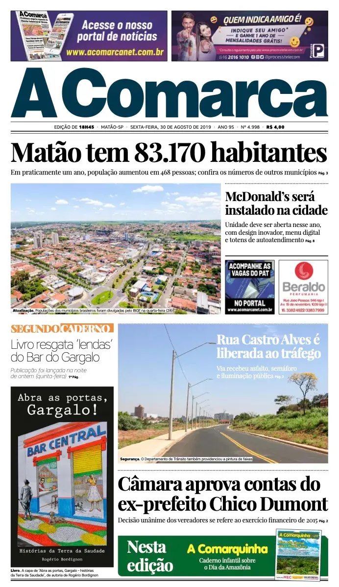 Primeira página da edição 4998 de A Comarca, 30 de agosto de 2019