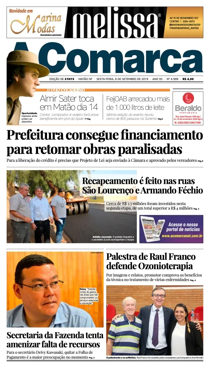 Primeira página da edição 4999 de A Comarca, 6 de setembro de 2019