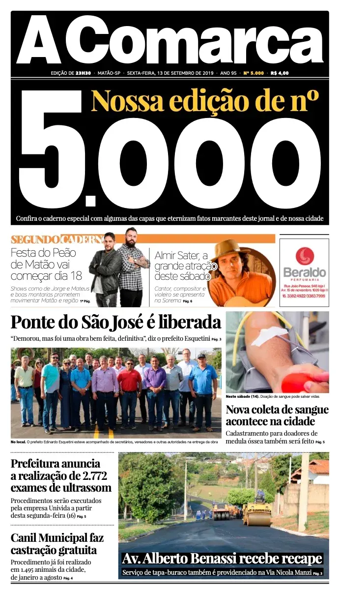 Primeira página da edição 5000 de A Comarca, 13 de setembro de 2019