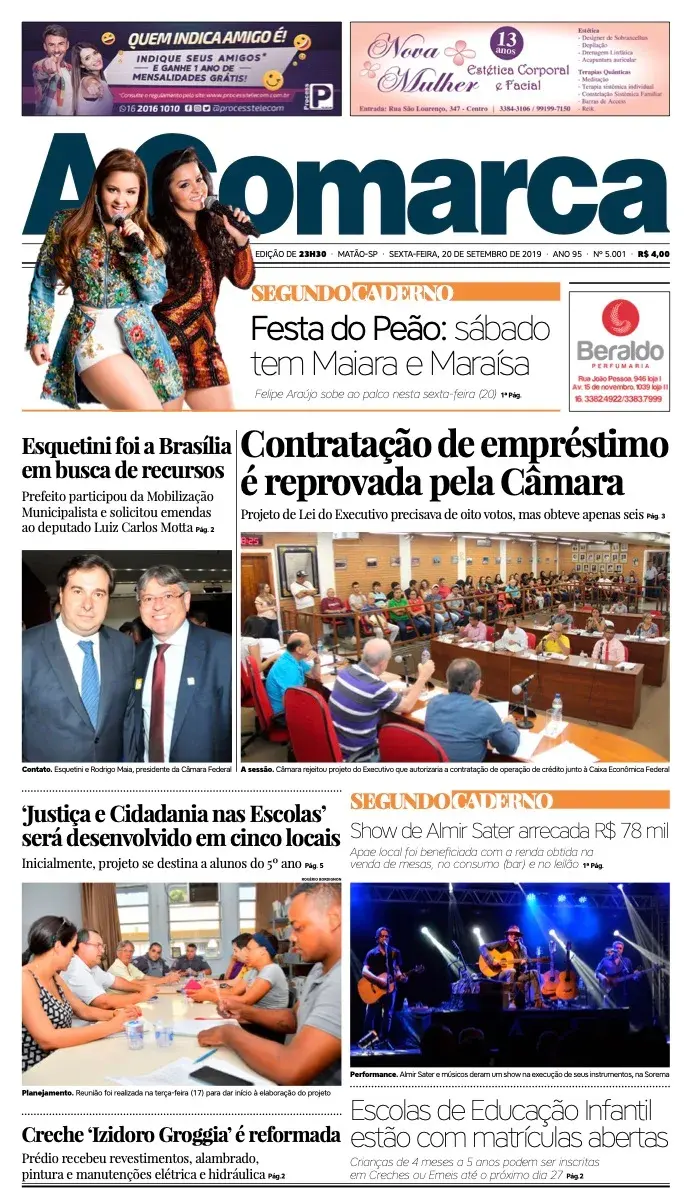 Primeira página da edição 5001 de A Comarca, 20 de setembro de 2019