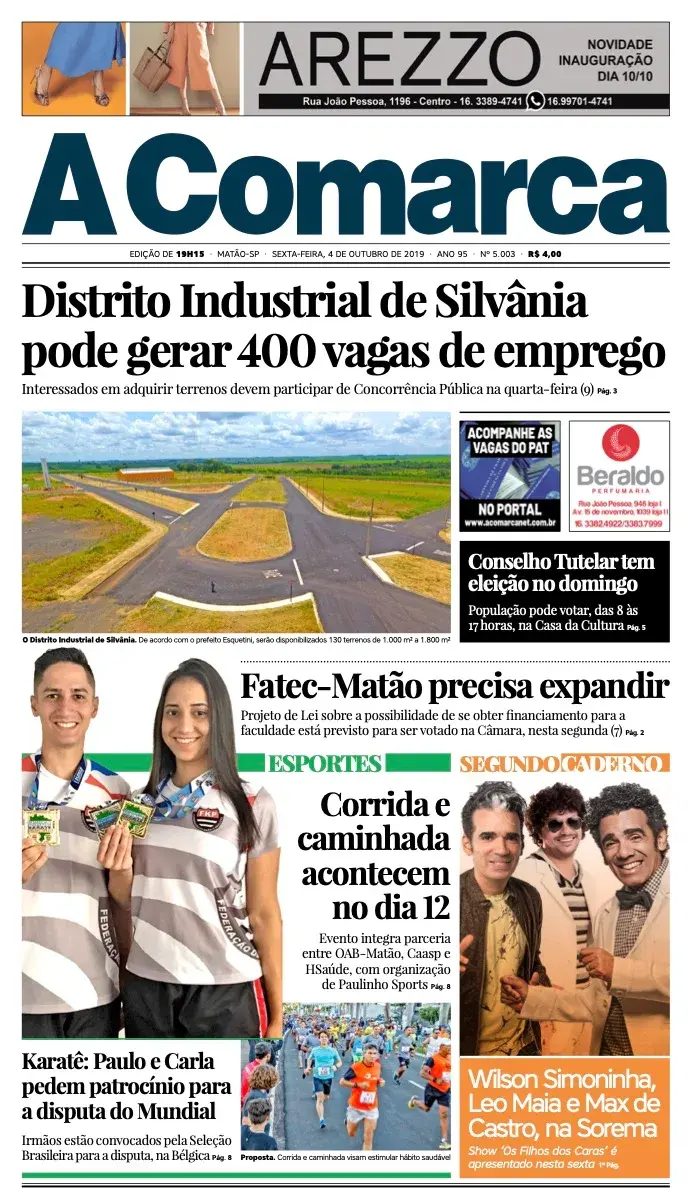 Primeira página da edição 5003 de A Comarca, 4 de outubro de 2019