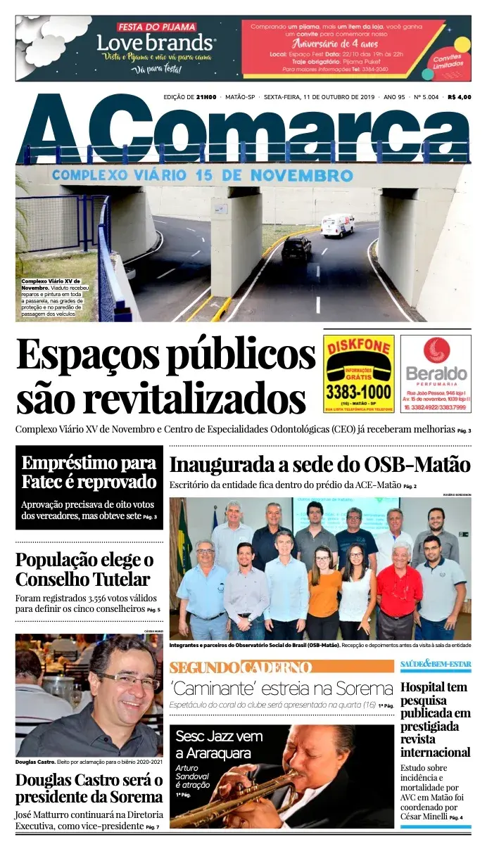 Primeira página da edição 5004 de A Comarca, 11 de outubro de 2019