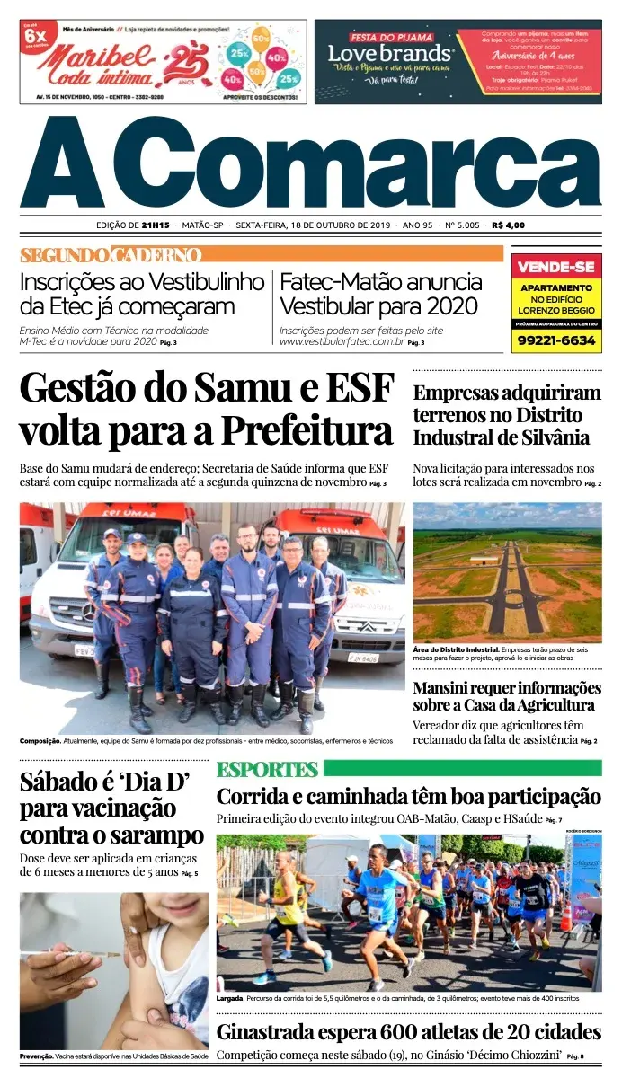 Primeira página da edição 5005 de A Comarca, 18 de outubro de 2019