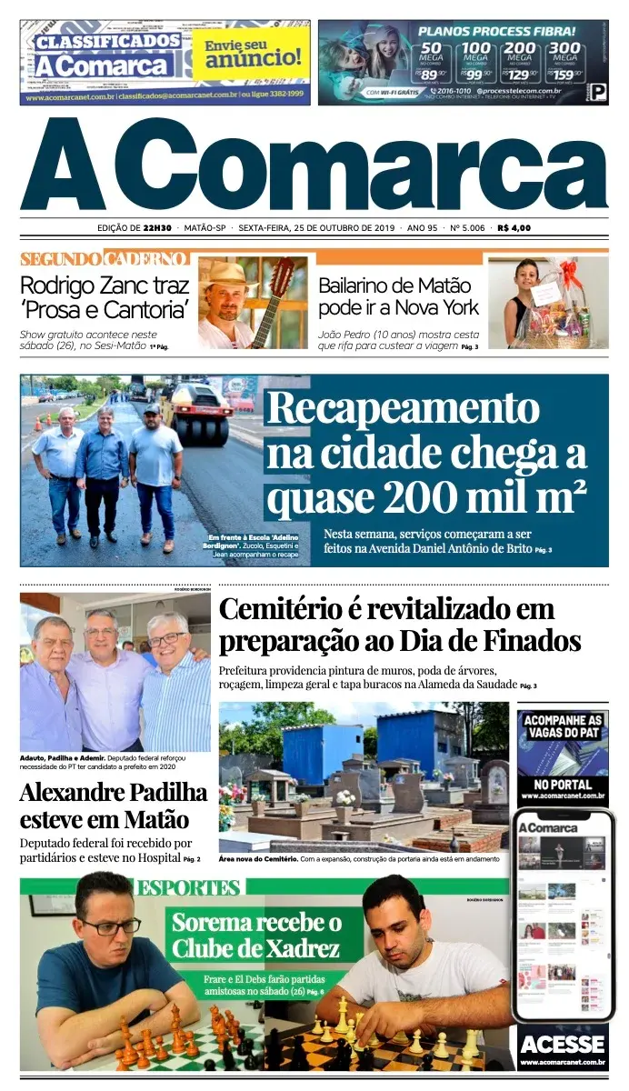 Primeira página da edição 5006 de A Comarca, 25 de outubro de 2019
