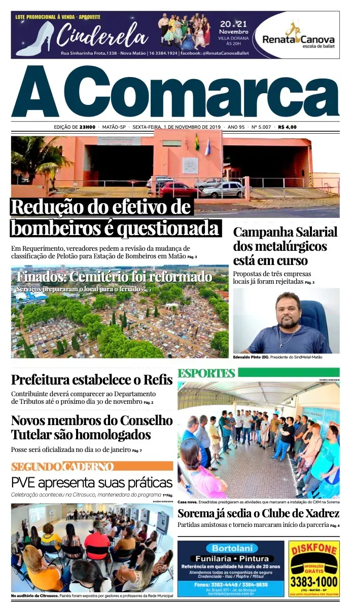 Primeira página da edição 5007 de A Comarca, 1 de novembro de 2019