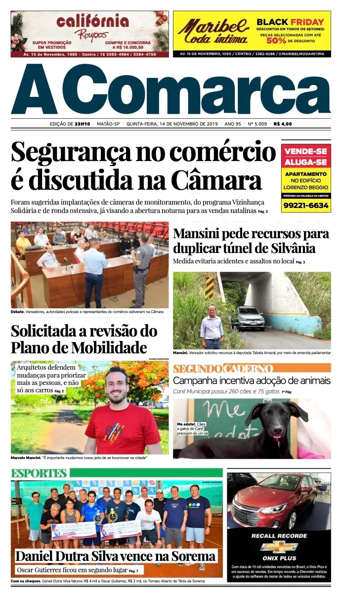 Primeira página da edição 5009 de A Comarca, 14 de novembro de 2019