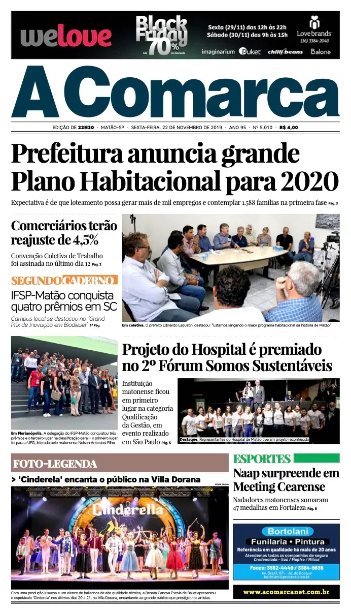 Primeira página da edição 5010 de A Comarca, 22 de novembro de 2019