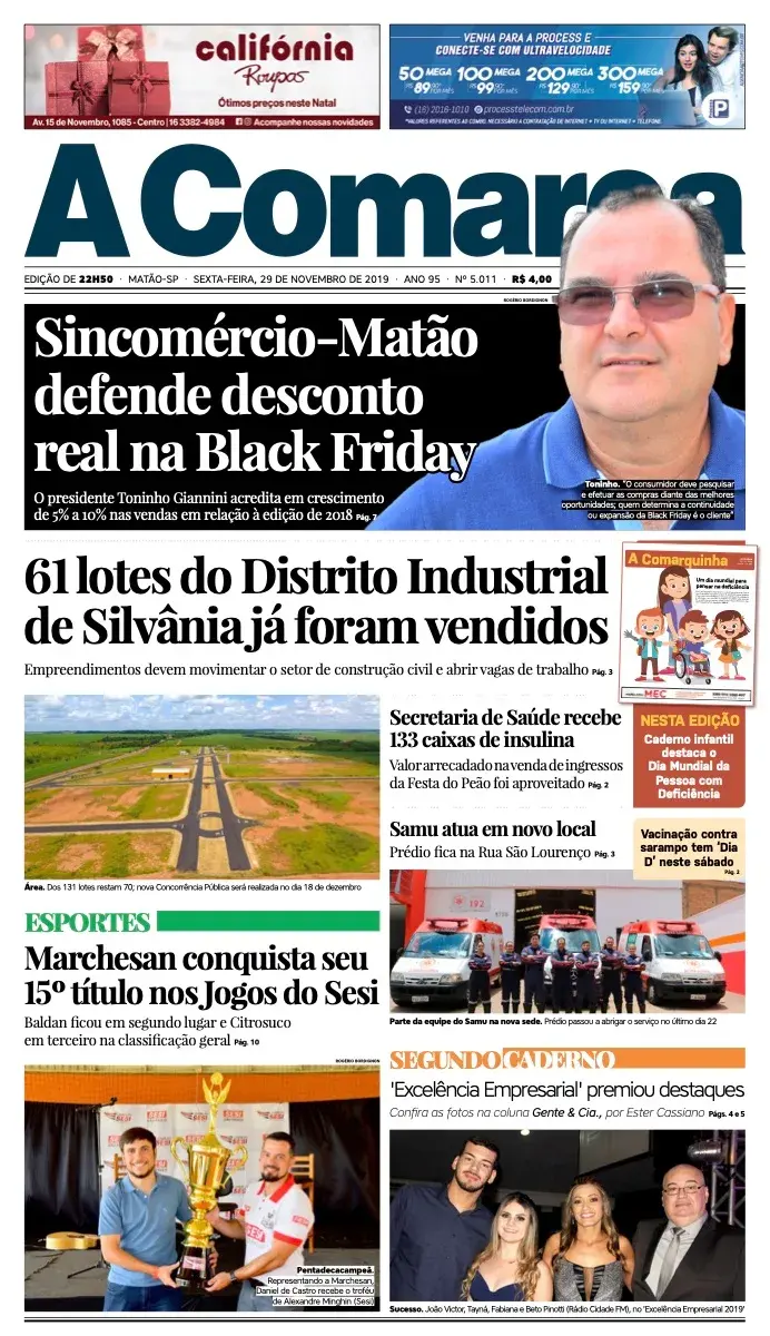 Primeira página da edição 5011 de A Comarca, 29 de novembro de 2019