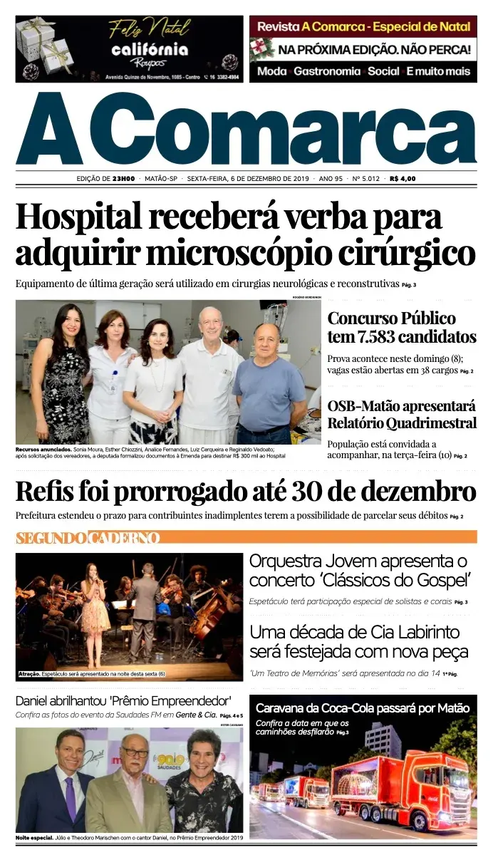 Primeira página da edição 5012 de A Comarca, 6 de dezembro de 2019