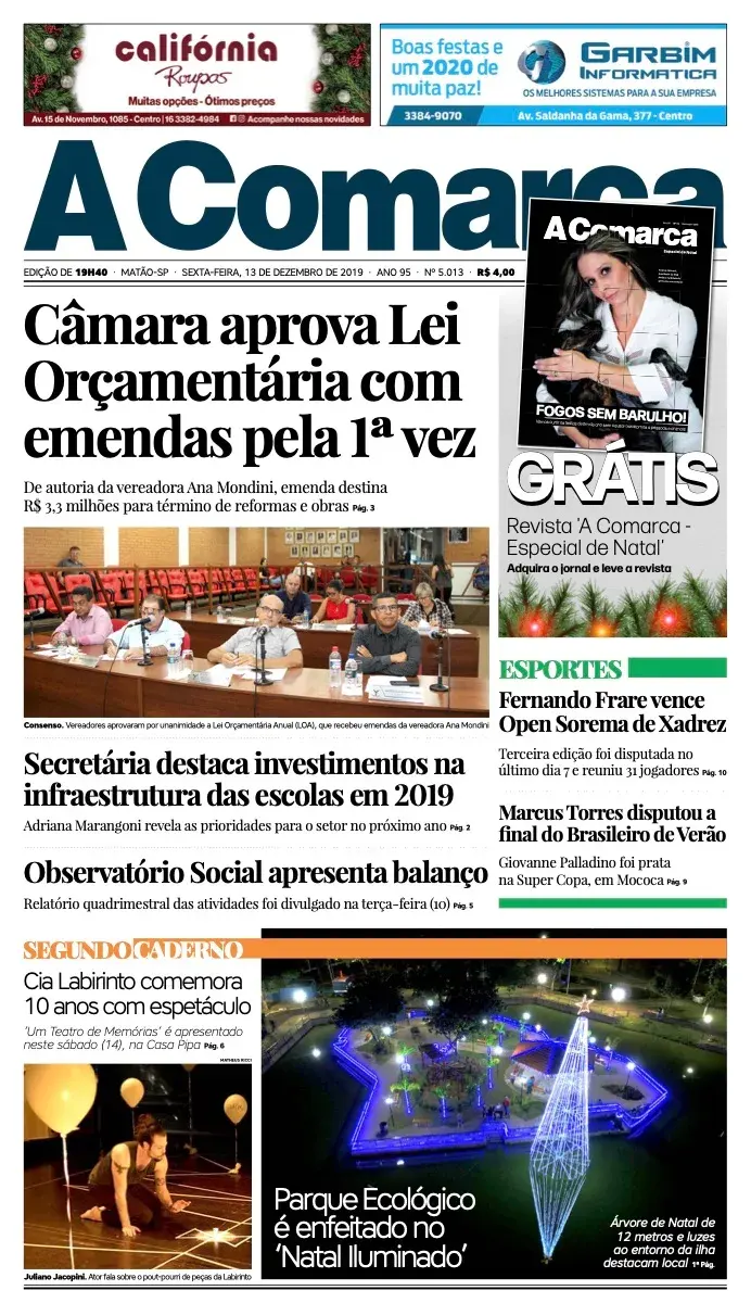 Primeira página da edição 5013 de A Comarca, 13 de dezembro de 2019