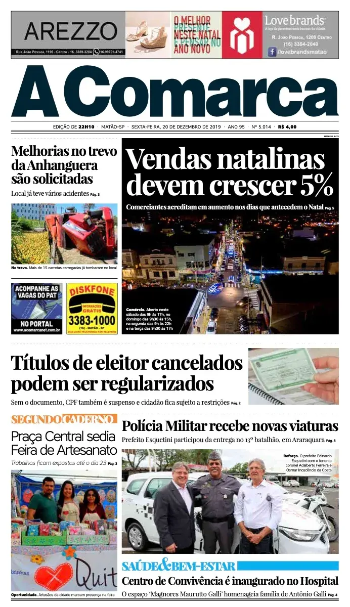 Primeira página da edição 5014 de A Comarca, 20 de dezembro de 2019