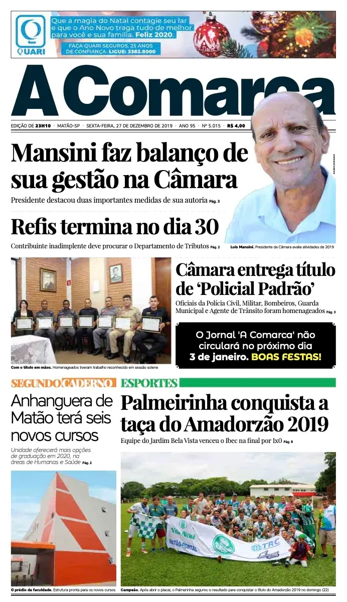 Primeira página da edição 5015 de A Comarca, 27 de dezembro de 2019