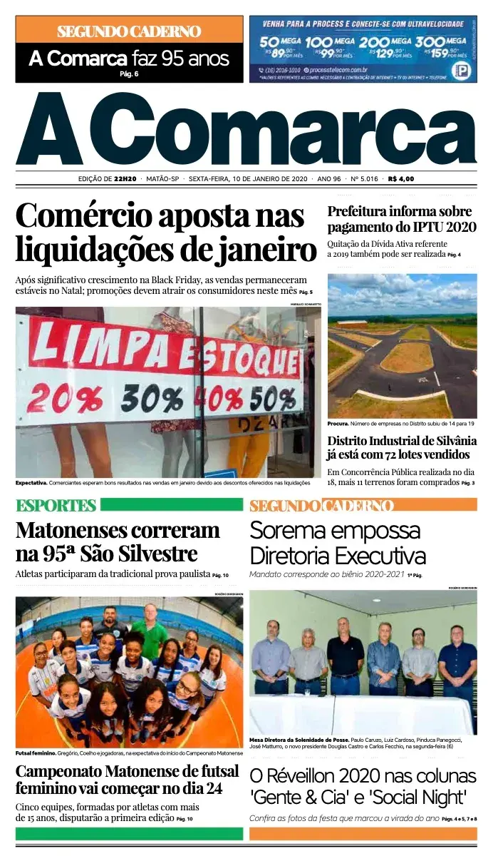 Primeira página da edição 5016 de A Comarca, 10 de janeiro de 2020