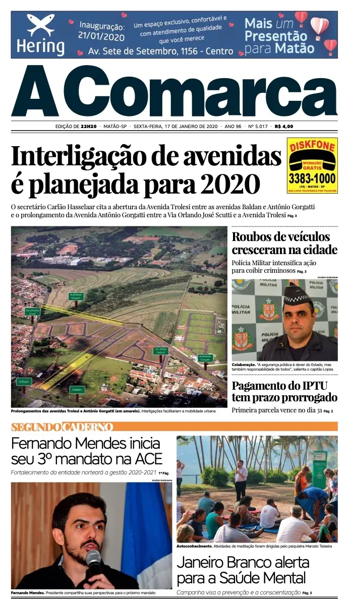Primeira página da edição 5017 de A Comarca, 17 de janeiro de 2020