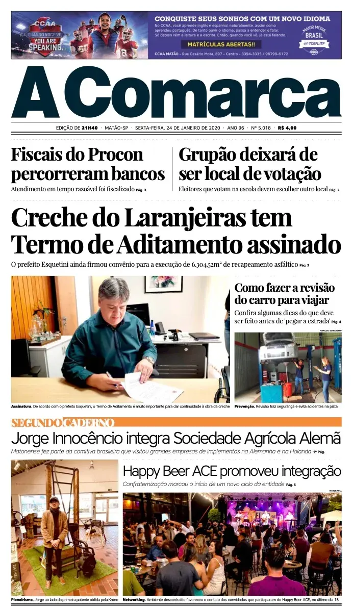 Primeira página da edição 5018 de A Comarca, 24 de janeiro de 2020