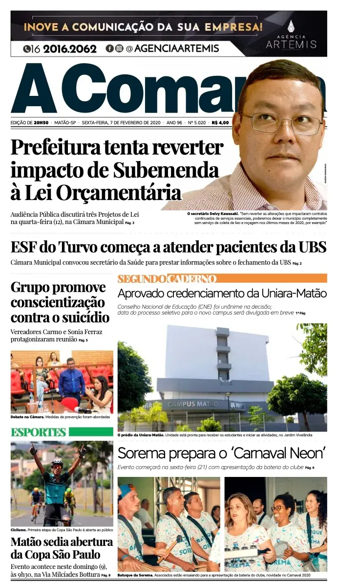 Primeira página da edição 5020 de A Comarca, 7 de fevereiro de 2020
