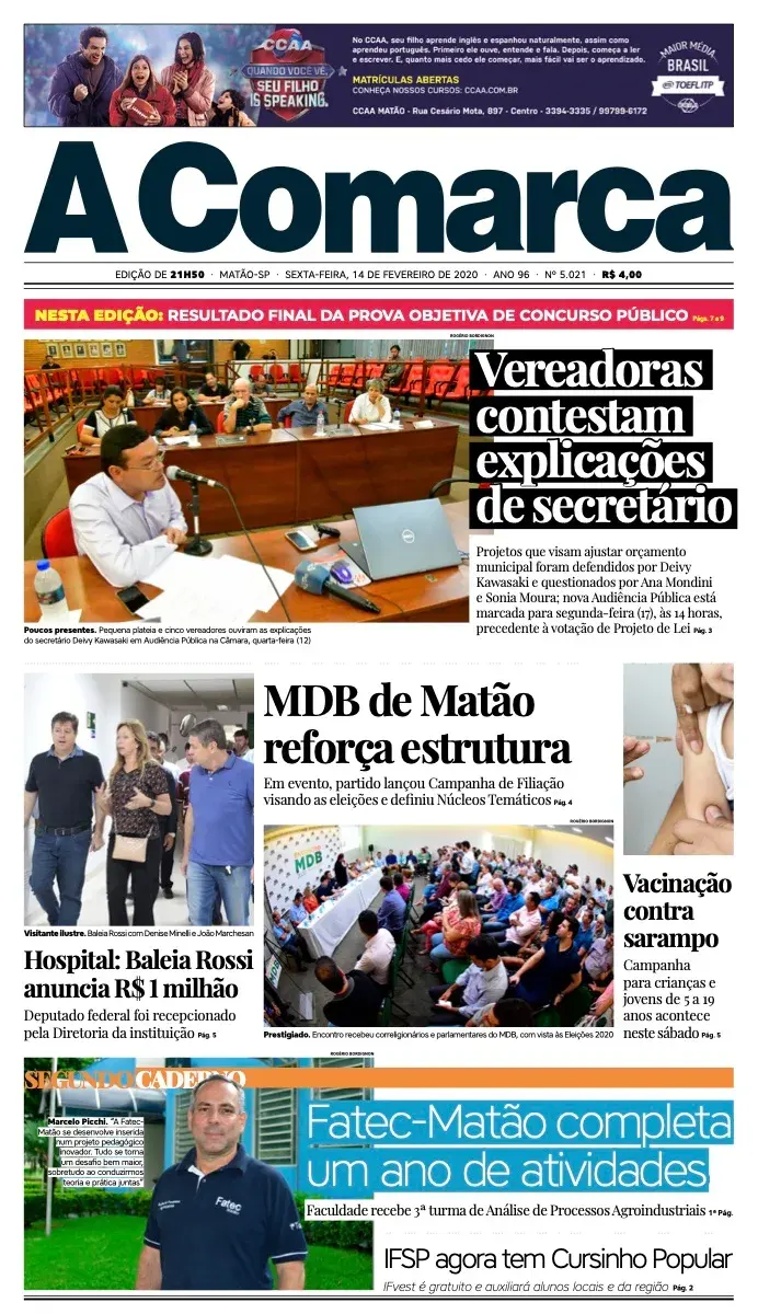 Primeira página da edição 5021 de A Comarca, 14 de fevereiro de 2020