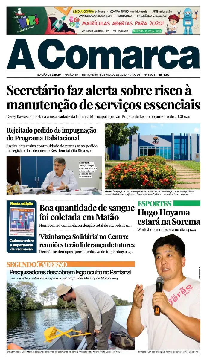 Primeira página da edição 5024 de A Comarca, 6 de março de 2020