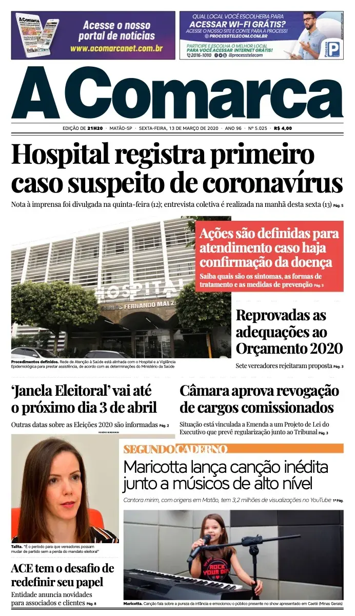 Primeira página da edição 5025 de A Comarca, 13 de março de 2020