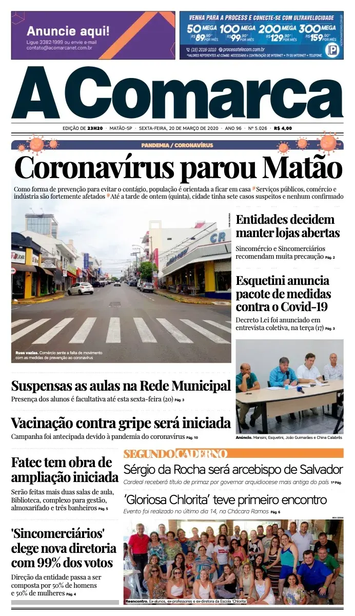 Primeira página da edição 5026 de A Comarca, 20 de março de 2020
