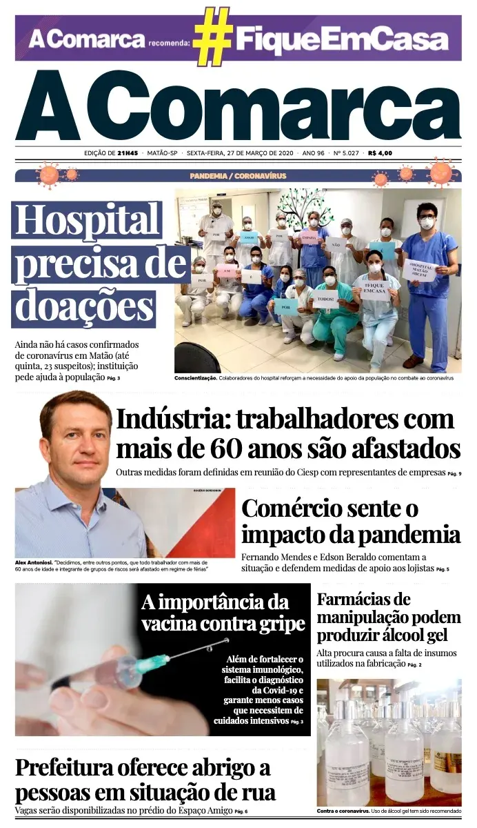 Primeira página da edição 5027 de A Comarca, 27 de março de 2020