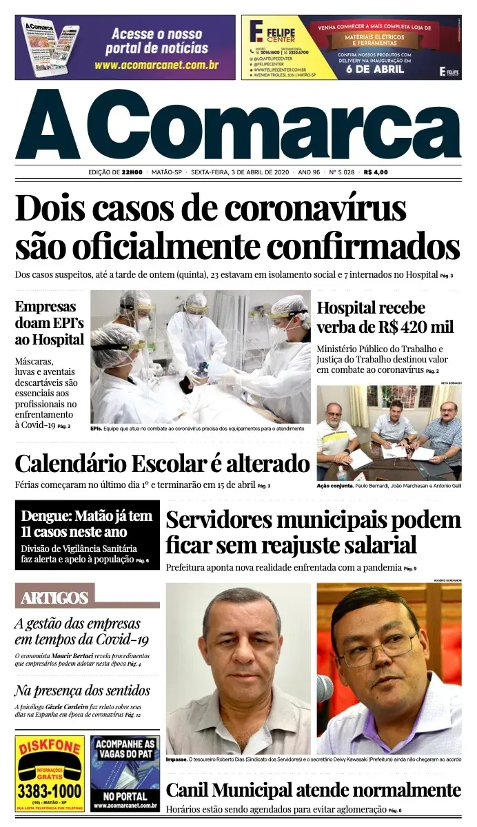 Primeira página da edição 5028 de A Comarca, 3 de abril de 2020