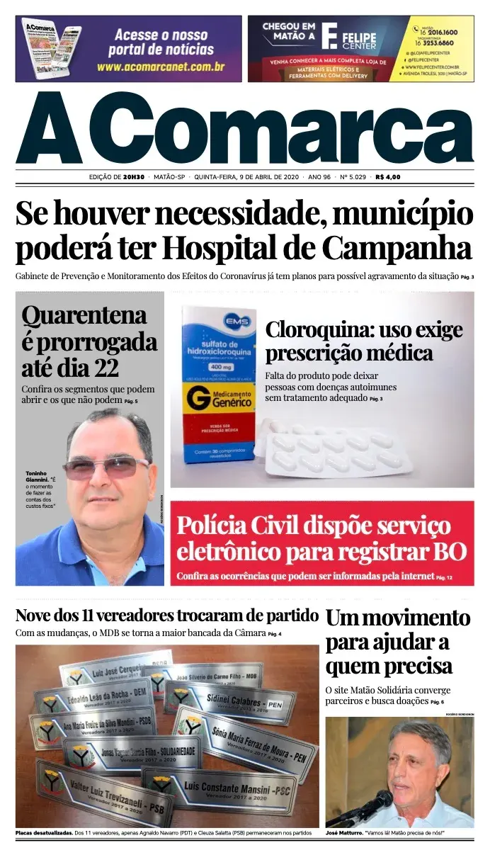 Primeira página da edição 5029 de A Comarca, 9 de abril de 2020
