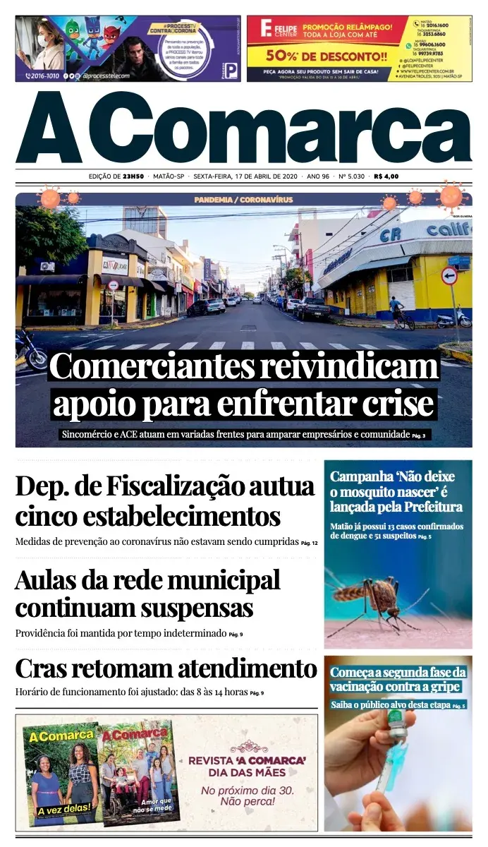 Primeira página da edição 5030 de A Comarca, 17 de abril de 2020
