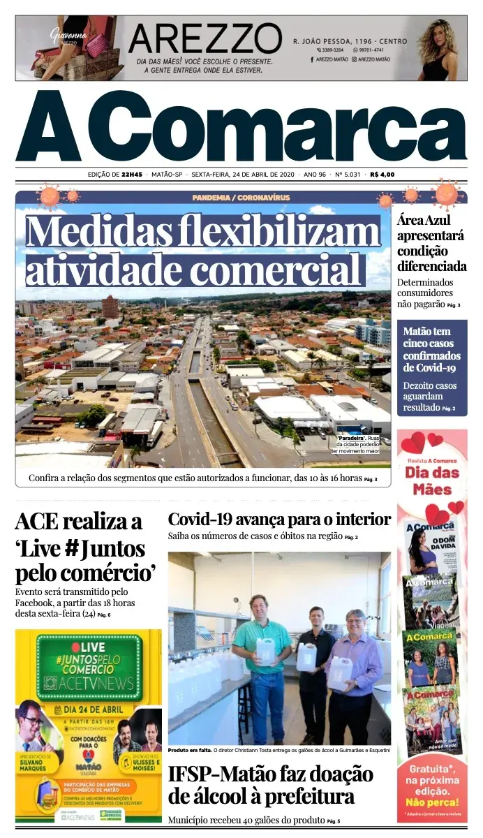 Primeira página da edição 5031 de A Comarca, 24 de abril de 2020