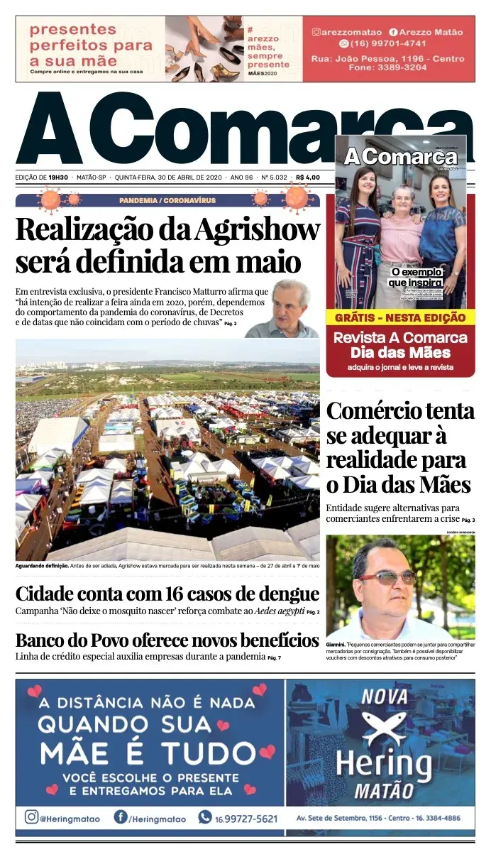 Primeira página da edição 5032 de A Comarca, 30 de abril de 2020
