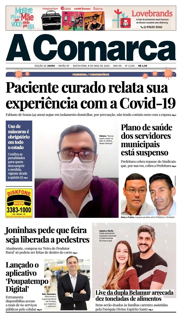 Primeira página da edição 5033 de A Comarca, 8 de maio de 2020