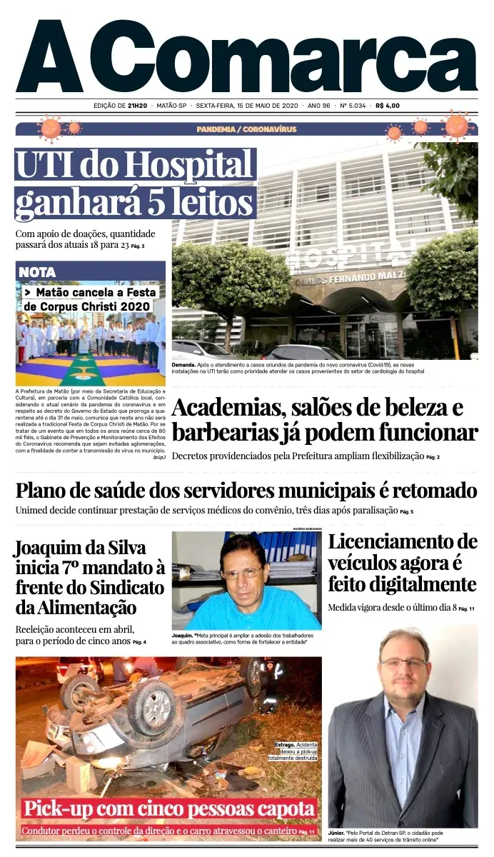 Primeira página da edição 5034 de A Comarca, 15 de maio de 2020