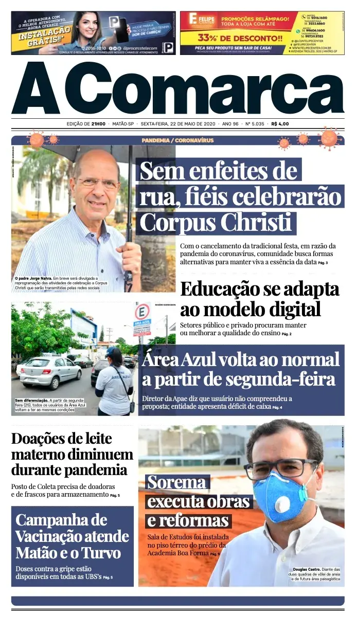 Primeira página da edição 5035 de A Comarca, 22 de maio de 2020