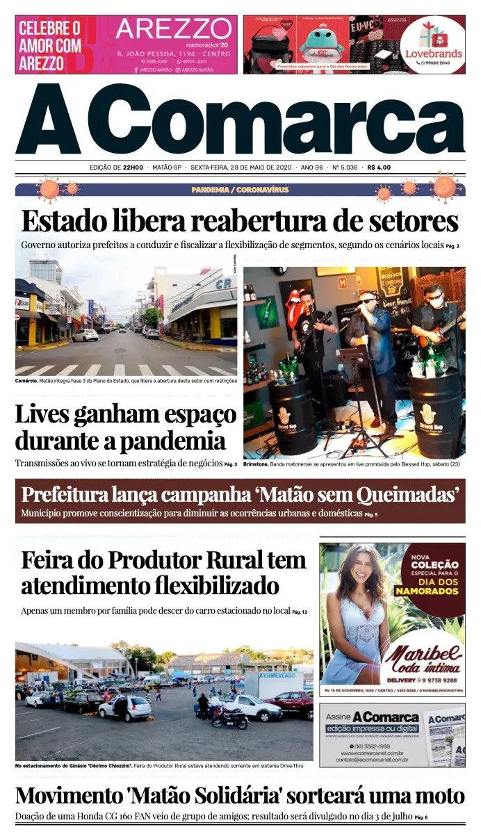 Primeira página da edição 5036 de A Comarca, 29 de maio de 2020