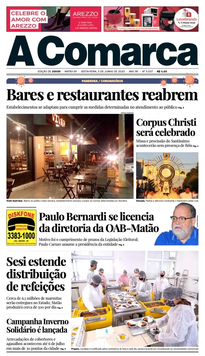 Primeira página da edição 5037 de A Comarca, 5 de junho de 2020