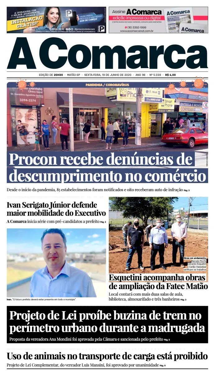 Primeira página da edição 5039 de A Comarca, 19 de junho de 2020