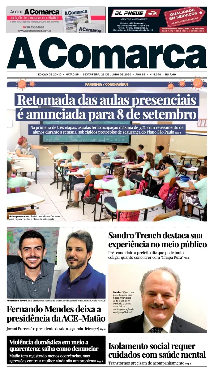 Primeira página da edição 5040 de A Comarca, 26 de junho de 2020