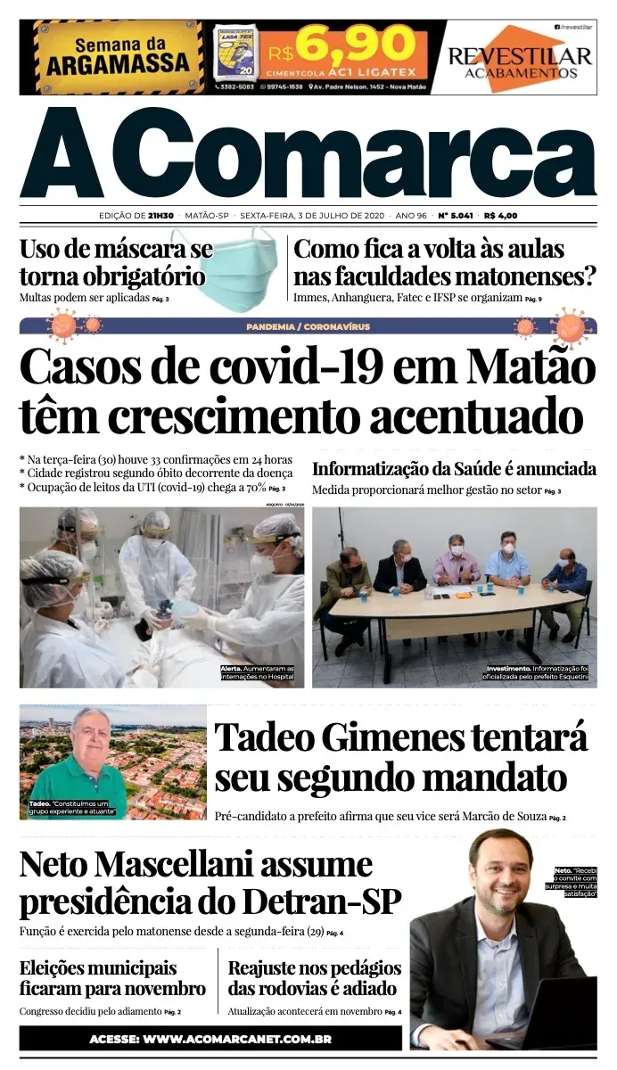 Primeira página da edição 5041 de A Comarca, 3 de julho de 2020