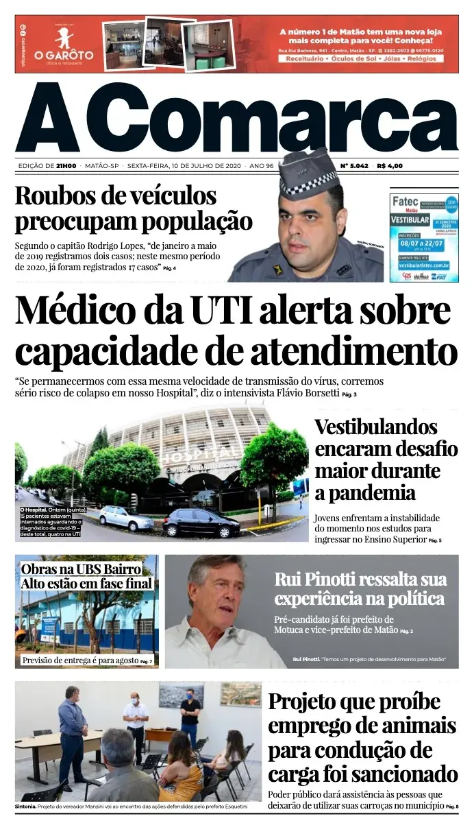 Primeira página da edição 5042 de A Comarca, 10 de julho de 2020