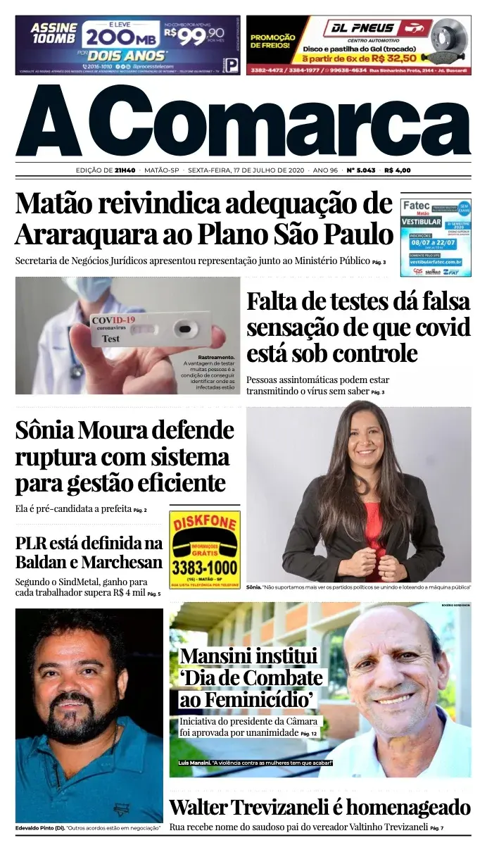 Primeira página da edição 5043 de A Comarca, 17 de julho de 2020