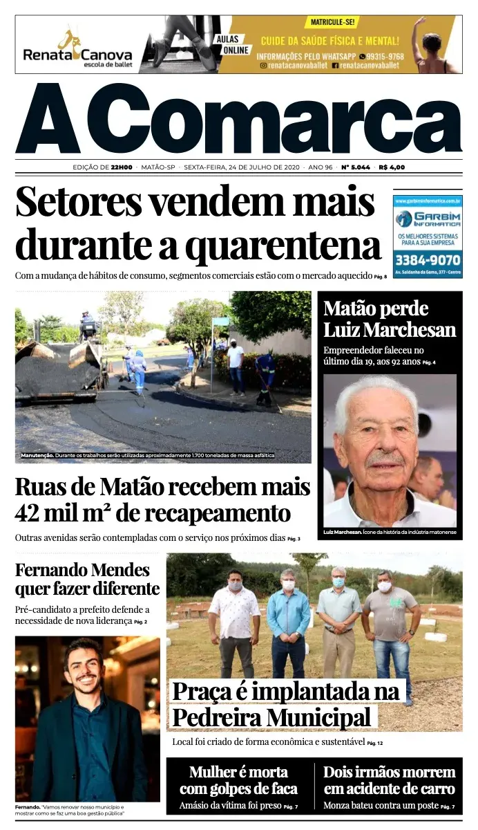 Primeira página da edição 5044 de A Comarca, 24 de julho de 2020