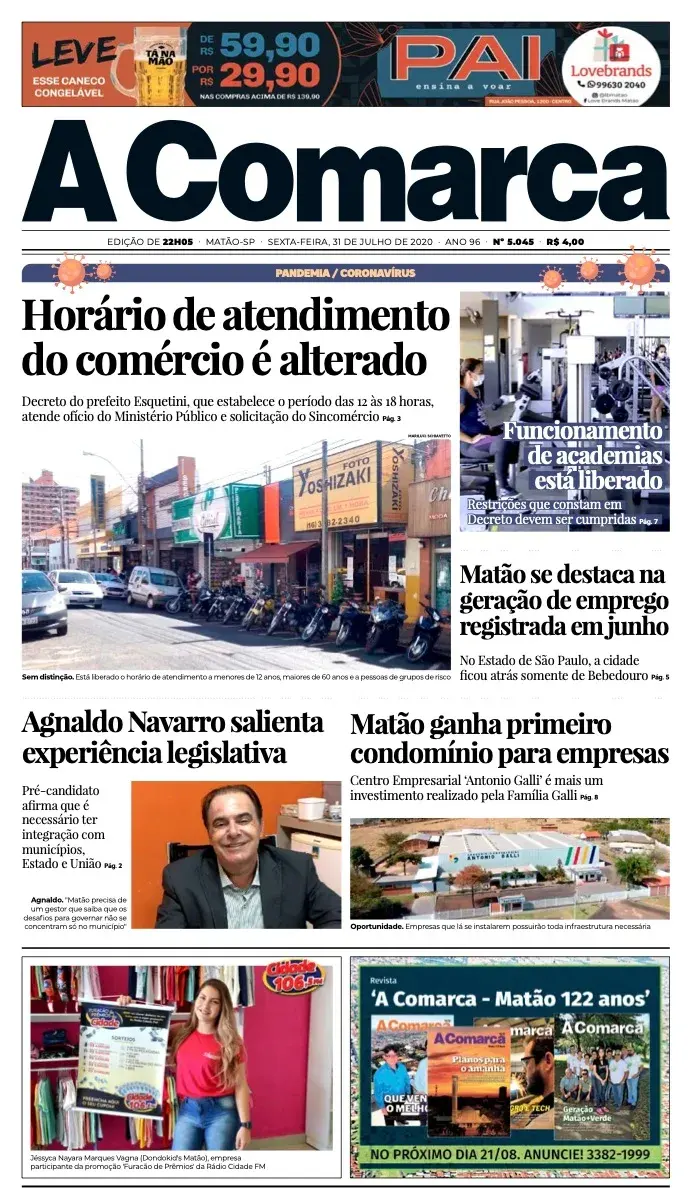 Primeira página da edição 5045 de A Comarca, 31 de julho de 2020