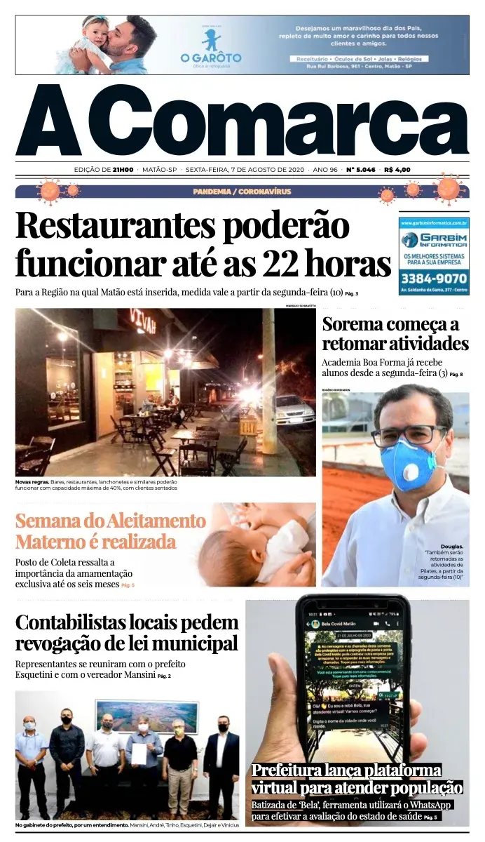 Primeira página da edição 5046 de A Comarca, 7 de agosto de 2020