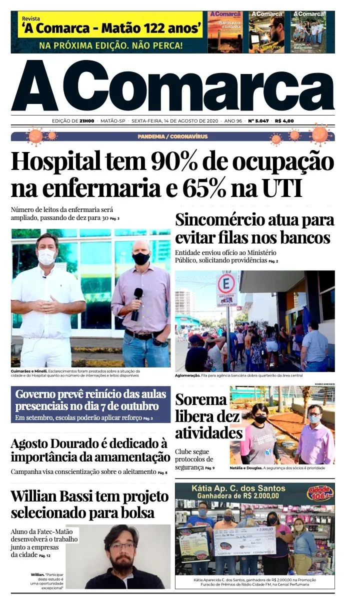 Primeira página da edição 5047 de A Comarca, 14 de agosto de 2020
