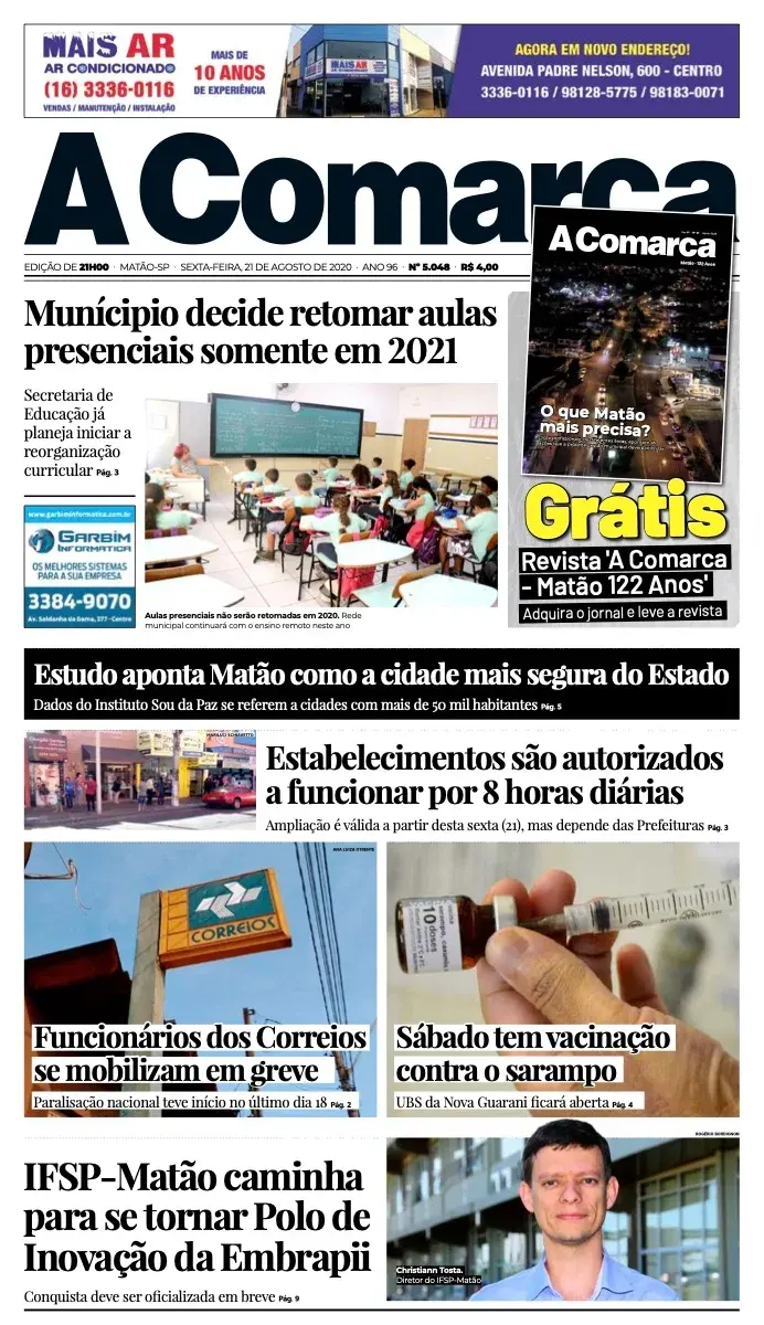 Primeira página da edição 5048 de A Comarca, 21 de agosto de 2020