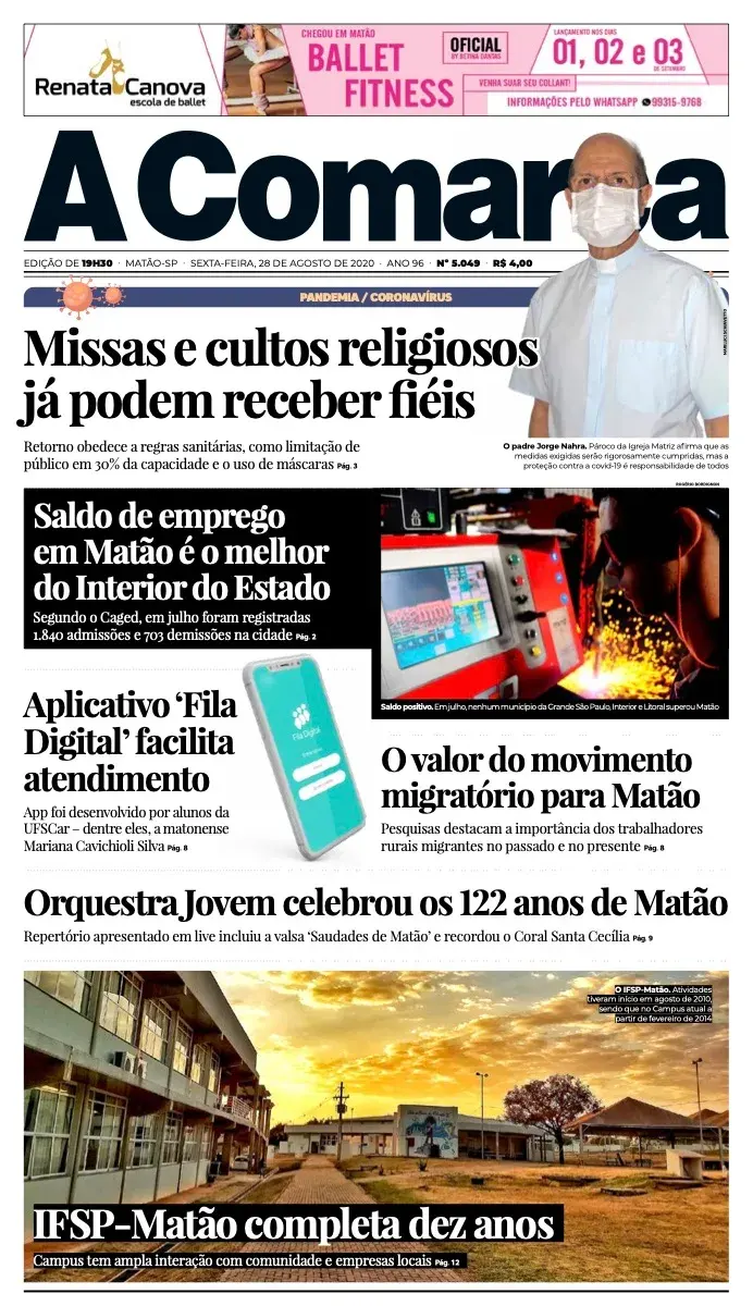 Primeira página da edição 5049 de A Comarca, 28 de agosto de 2020