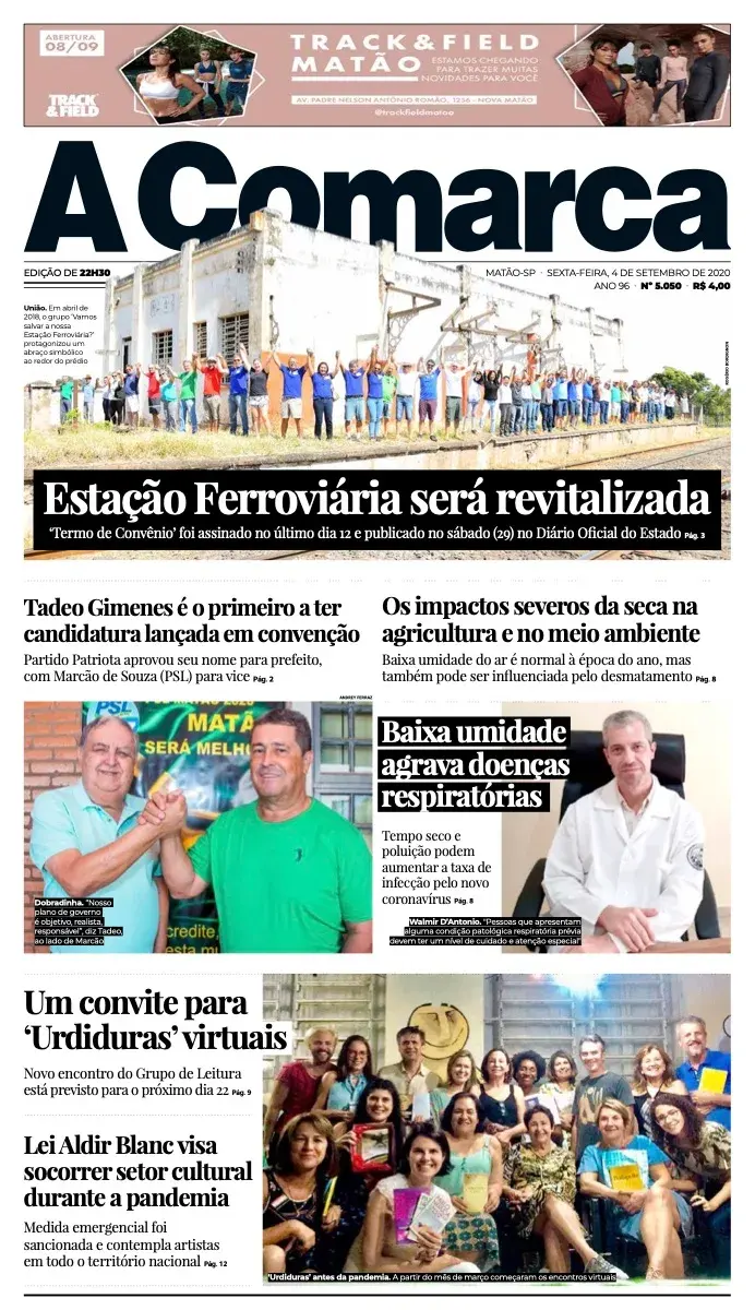 Primeira página da edição 5050 de A Comarca, 4 de setembro de 2020
