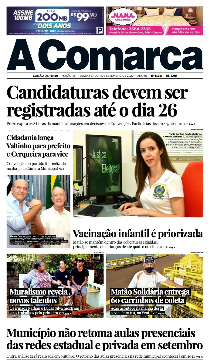 Primeira página da edição 5051 de A Comarca, 11 de setembro de 2020