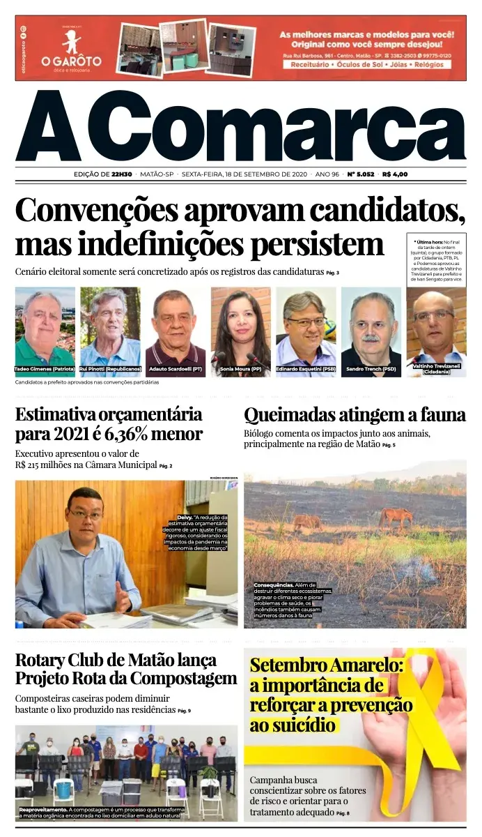 Primeira página da edição 5052 de A Comarca, 18 de setembro de 2020
